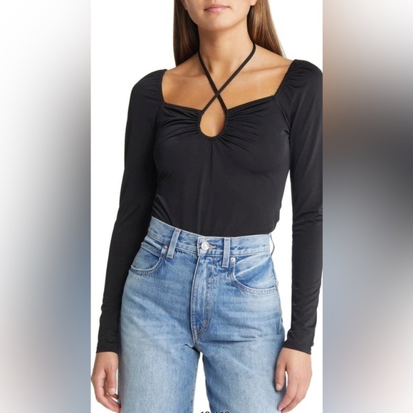 Nwt Open Edit Size S FRONT TIE KNIT KEYHOLE TOP IN BLACK - Picture 1 of 7